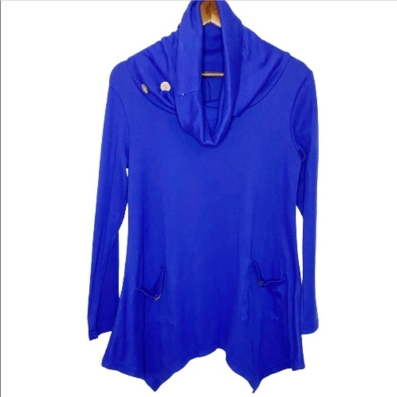 Hibelle Blue Cowlneck Button Sharkbite Hem Sweater - Picture 1 of 8